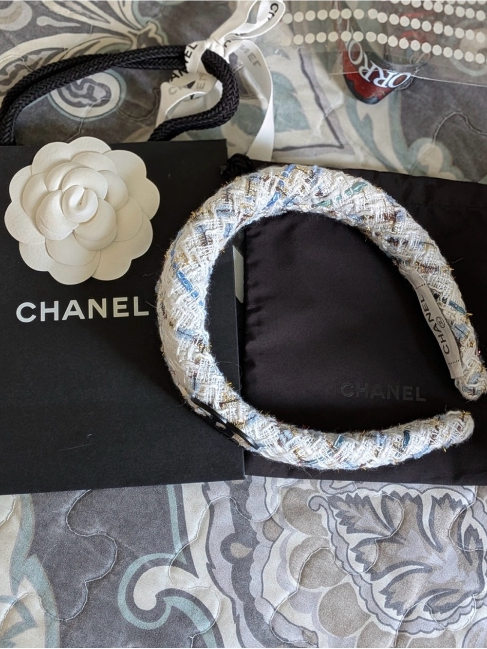Chanel White Tweed Headband with Subtle Multicolor Threads